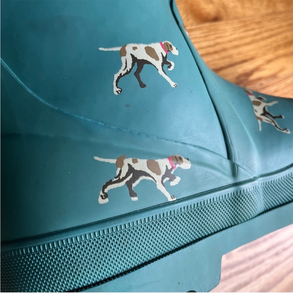 J Crew Hunting Pointer Dog Theme Rain Boots Size 10 Pull On Rubber Welleys - Picture 9 of 13